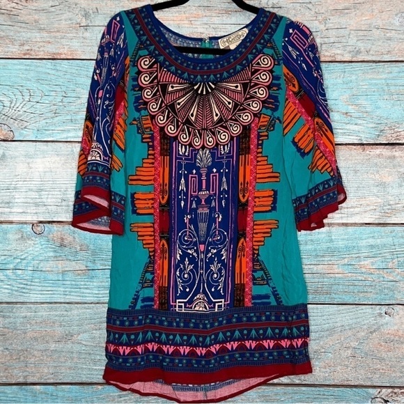 Flying Tomato Dresses & Skirts - Flying Tomato Aztec Mini Dress S Bell Flared Sleeves Boho Colorful